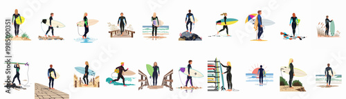 A large collection of diverse surfers in wetsuits carrying surfboards at various beach settings, illustrated in a modern flat vector style.