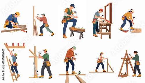 Collection of diverse carpenters and construction workers in various poses, using hammers and hand tools to build wooden structures, isolated on white background.