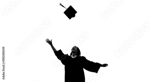 A silhouette of a person in a graduation gown throwing their cap in the air in celebration