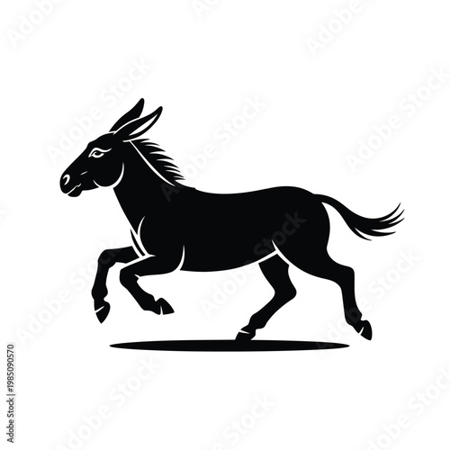 Black and white illustration of a donkey running across the ground