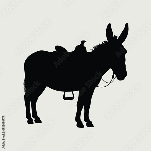 Silhouette of a saddled donkey standing in profile against a neutral background