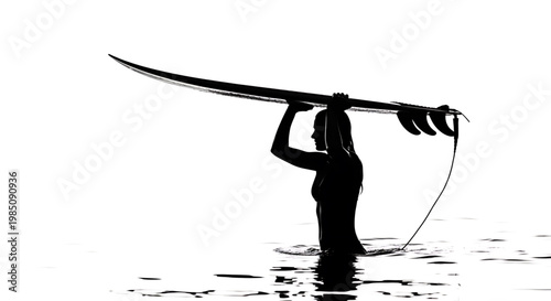 A silhouette of a woman standing in water holding a surfboard above her head.