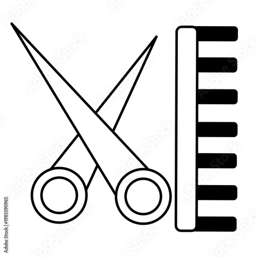 A vector illustration of scissors and a comb. Black and white in silhouette. Suitable for logos, companies, banners, icons, and websites.