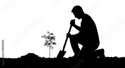A silhouette of a man planting a tree with a shovel in a simple, flat design
