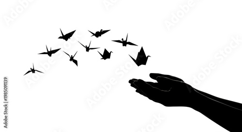 A minimalist vector graphic illustration of a hand releasing a flock of origami cranes into the air