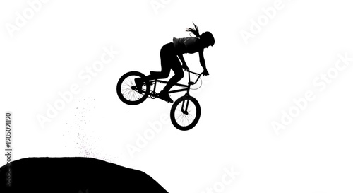 A silhouette of a woman performing a daring stunt on a bicycle against a white background