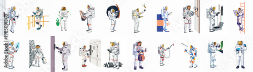 Vector illustrations of diverse astronauts in white spacesuits performing various scientific, maintenance, and exploration tasks on a white background.