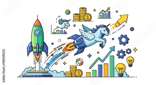 Unicorn Riding Rocket Ship Upward Trend.