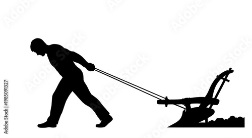 A black silhouette of a man pulling a lawn mower with a rope on a white background