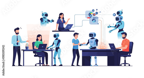 People working with robots office scene.