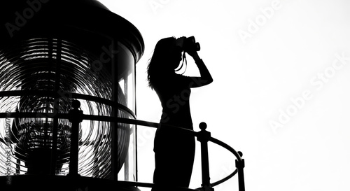 A silhouette of a woman looking through binoculars standing next to a lighthouse