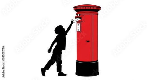 A silhouette illustration of a child posting a letter in a red mailbox