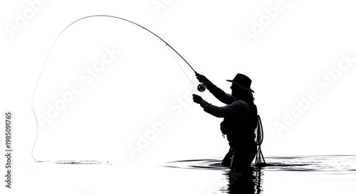 A silhouette of a man fly fishing in calm water with a solid white background