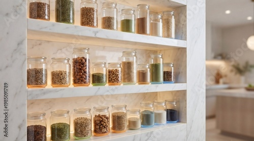 Organized pantry shelves with glass jars of grains and seeds