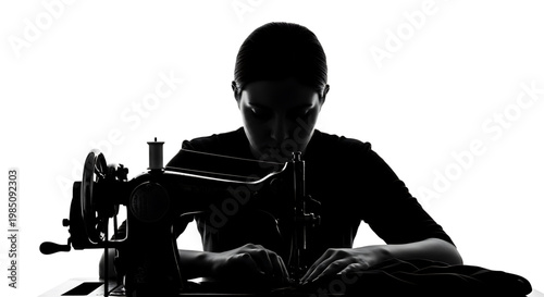 A woman works intently on an old sewing machine in a dimly lit room with a stark white background