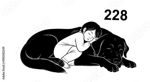A heartwarming vector illustration of a little girl sleeping peacefully on a big black dog