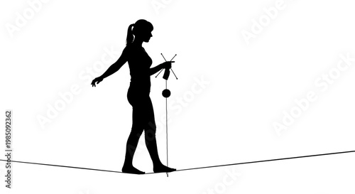 A silhouette of a woman balancing on a tightrope with a pole for balance in a minimalist vector illustration
