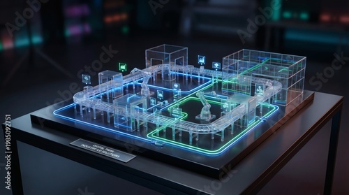 Digital twin factory model with robotic arms and conveyor belts
