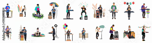 Flat vector illustration set of diverse young DJs in trendy streetwear performing with various professional music equipment and festive decorations on white background.