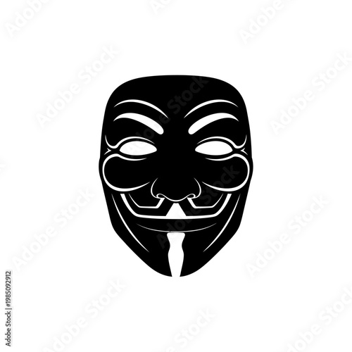 Monochrome vector art of a stylized face mask with prominent dark eyes and an enigmatic grin, symbolizing mystery and hidden persona