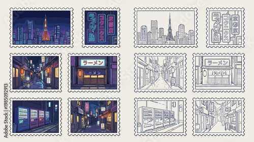 A collection of postage stamps featuring pixel art and line drawings of Tokyo's vibrant cityscape and street scenes at night.