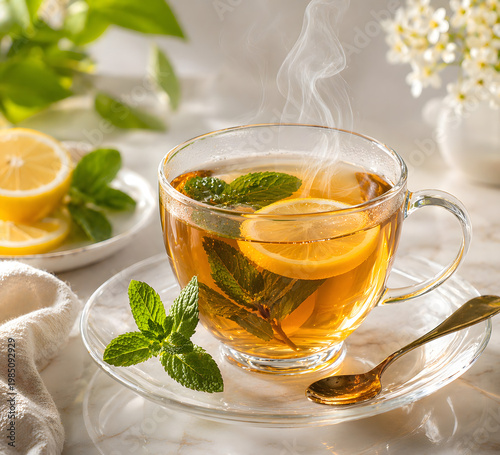 Hot lemon mint tea in glass cup with citrus slices and steam on bright table