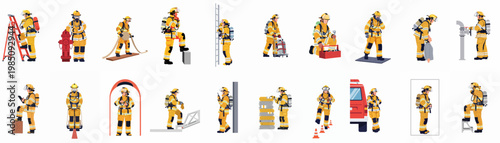 Vector illustrations of firefighters in various professional training and rescue scenarios, wearing protective yellow gear and equipment, set against a white background.