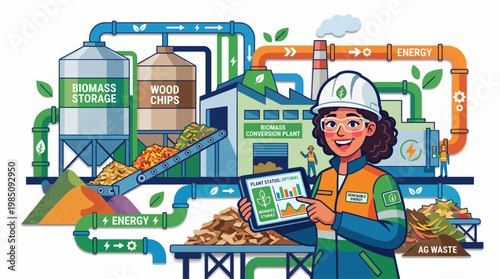Engineer with a tablet at a biomass plant processing agricultural waste, vector illustration.