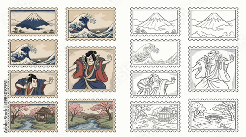 A collection of Japanese-themed postage stamps featuring iconic imagery such as Mount Fuji, crashing waves, traditional actors, and serene landscapes.