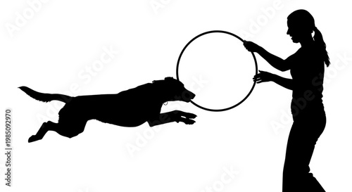 A silhouette illustration of a woman and her dog playing with a hula hoop in a fun and playful scene