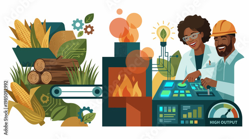 Engineers operating a biomass energy furnace burning wood and corn, vector illustration.