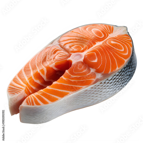 Fresh salmon steak with orange flesh and scales isolated on a transparent background