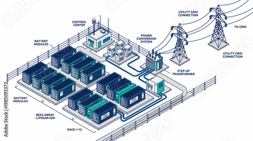 Battery energy storage system with lithium ion modules and grid connection, vector illustration.