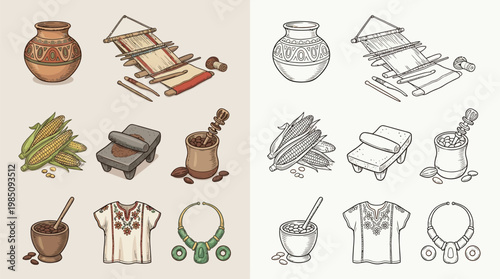 Collection of ancient tools and artifacts, including pottery, weaving loom, grinding stones, corn, and jewelry, presented in both color and outline versions.