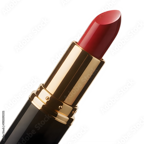 Red lipstick with gold and black casing isolated on a transparent background makeup