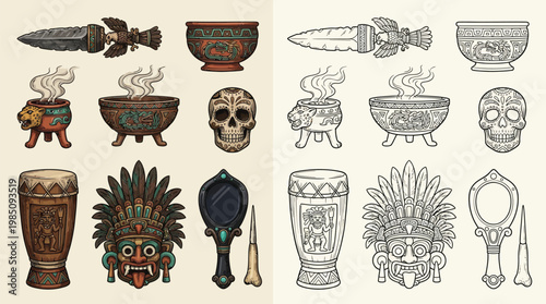 Collection of colorful and monochrome Aztec-inspired cultural artifacts including a drum, headdress, skull, and ceremonial objects.