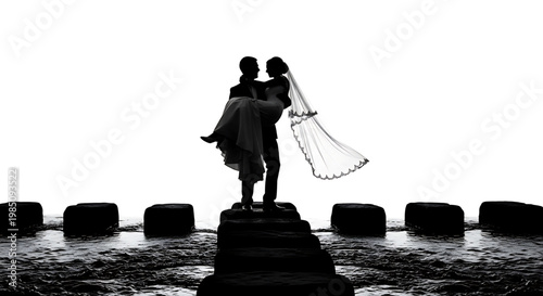 A romantic couple stands together on a pier at sunset