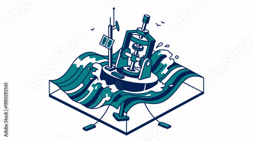 Floating wave energy converter buoy generating power in the ocean, vector illustration.