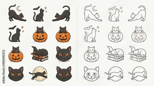 Collection of Halloween-themed black cat illustrations in various poses, including pumpkins, moons, and bats, presented in both color and outline styles.