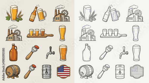 Collection of colorful and monochrome icons representing various aspects of beer production and consumption, including brewing equipment, drinks, and related items.