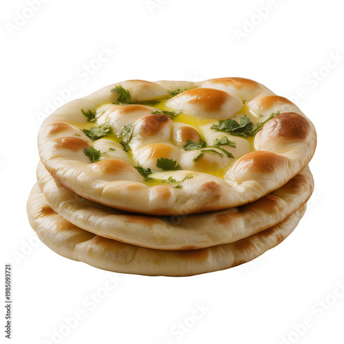 Stack of buttered naan bread with herbs isolated on a transparent background indian bread