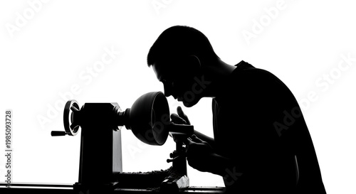 A silhouette of a man working with a lathe in a workshop