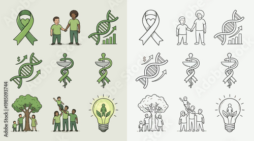 Collection of icons representing environmental awareness, genetic research, community support, and sustainable energy solutions.
