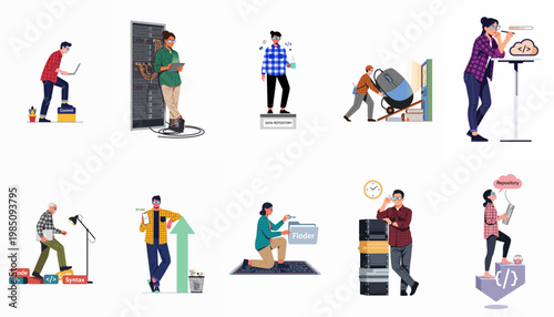 Collection of Software Development and IT Infrastructure Illustrations Featuring Programmers Coding, Managing Servers, and Handling Data Repositories in Flat Design Style.