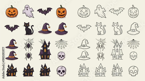 Obraz na płótnie A collection of colorful and outlined Halloween-themed icons including pumpkins, ghosts, bats, cats, witches' hats, spiders, haunted houses, and skulls