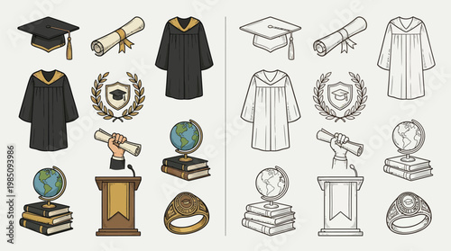 Collection of graduation-themed icons including academic regalia, diplomas, globes, books, podiums, and rings, presented in both color and outline versions.