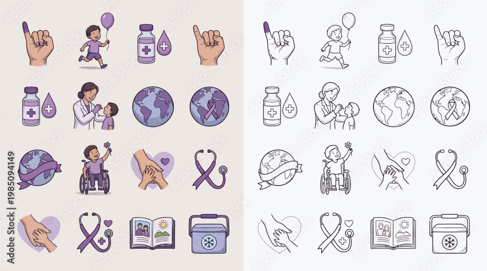 Obraz premium Collection of colorful and line art icons representing childhood cancer awareness, including a child running with a balloon, medical symbols, and support imagery.