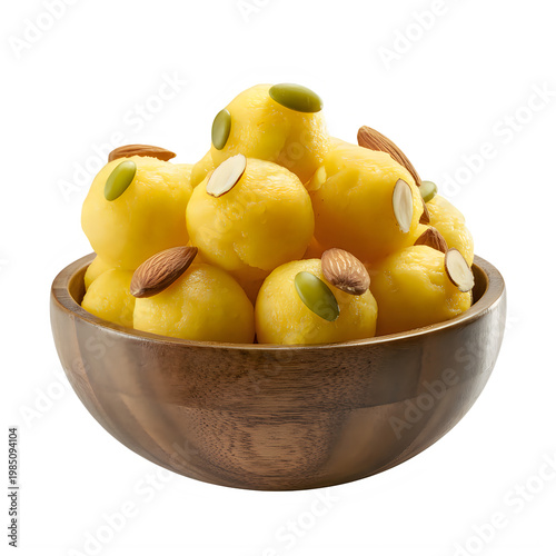 Yellow round sweets with nuts and seeds isolated on a transparent background laddu