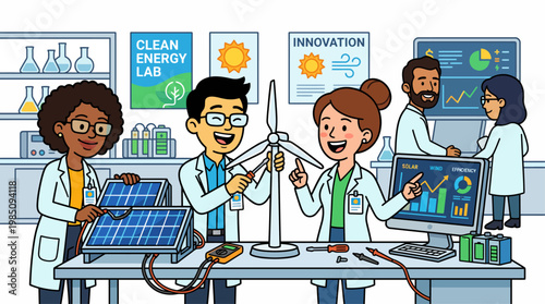 Team of scientists collaborating on renewable energy research in laboratory, vector illustration.