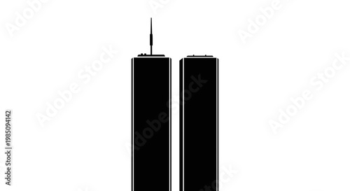 Twin towers with antenna on top.